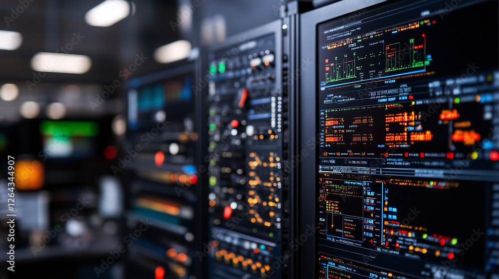 Server Room Monitoring: Close-up view of multiple monitors displaying dynamic data streams and control panels within a modern server room. Server Room Monitoring: Close-up view of multiple monitors displaying dynamic data streams and control panels within a modern server room.