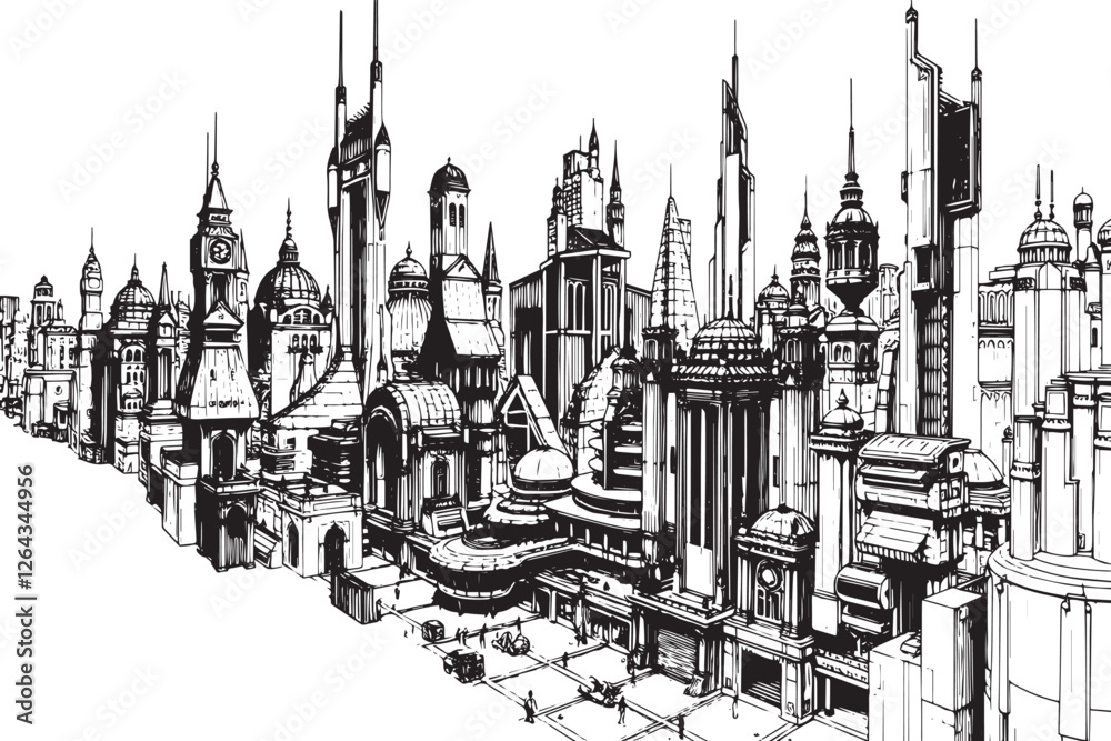 Fototapeta premium City landscape. Different buildings on street, outline cityscape hand sketch, flat houses. Hand drawn vector illustration