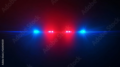 Emergency or police car siren flashing lights with overlay effect. Realistic vector illustration of red and blue cop or ambulance vehicle flare with beams surrounded by fog on dark night background.