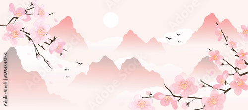 Spring Japanese Cherry blossom flower background vector. Wallpaper design of elegant watercolor sakura flower, branch, mountain, bird, sun. Illustration for banner, wall decoration, backdrop, ads.