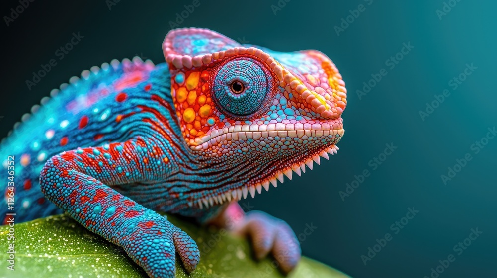 Vibrant close-up of a colorful chameleon perched on a green leaf against a blurred background Vibrant close-up of a colorful chameleon perched on a green leaf against a blurred background