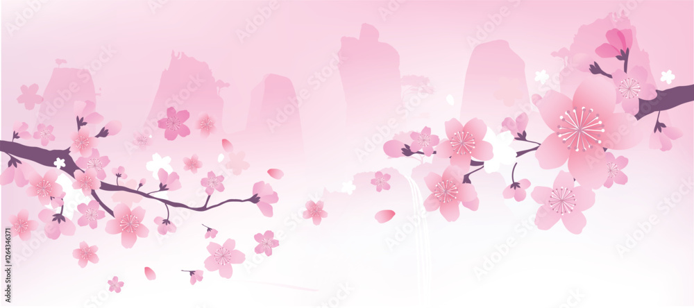 Spring Japanese Cherry blossom flower background vector. Wallpaper design of elegant sakura floral, branch, mountain, sun. Illustration for banner, wall decoration, backdrop, ads. Spring Japanese Cherry blossom flower background vector. Wallpaper design of elegant sakura floral, branch, mountain, sun. Illustration for banner, wall decoration, backdrop, ads.