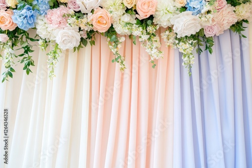 A beautiful arrangement of pastel-colored drapes adorned with an array of delicate flowers, creating an elegant and soft backdrop.