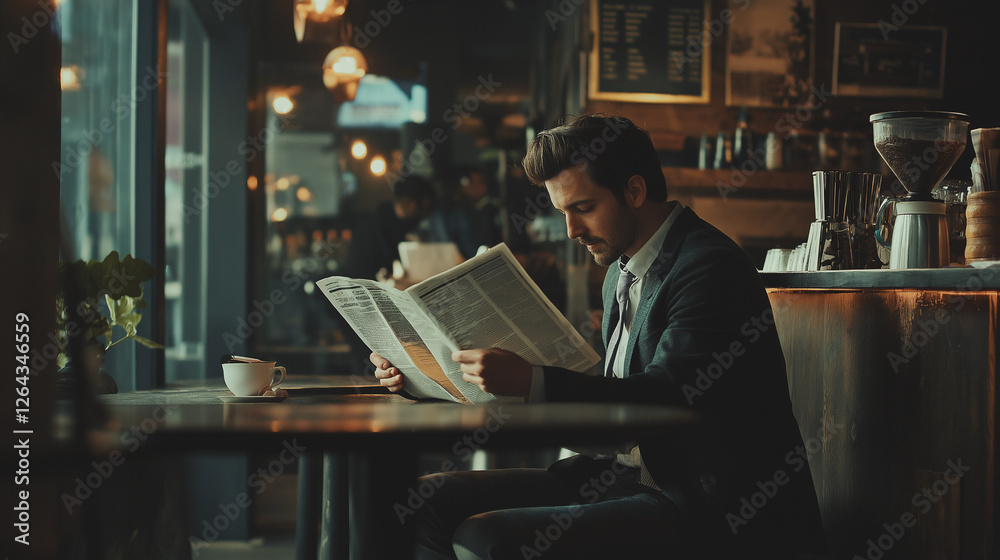 a business man reading a newspaper in a cafe a business man reading a newspaper in a cafe
