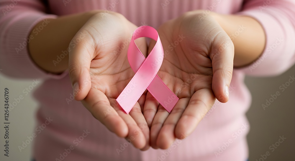 Close-up of Women's Hands Holding Pink Breast Cancer Awareness Ribbon Generative AI Close-up of Women's Hands Holding Pink Breast Cancer Awareness Ribbon Generative AI