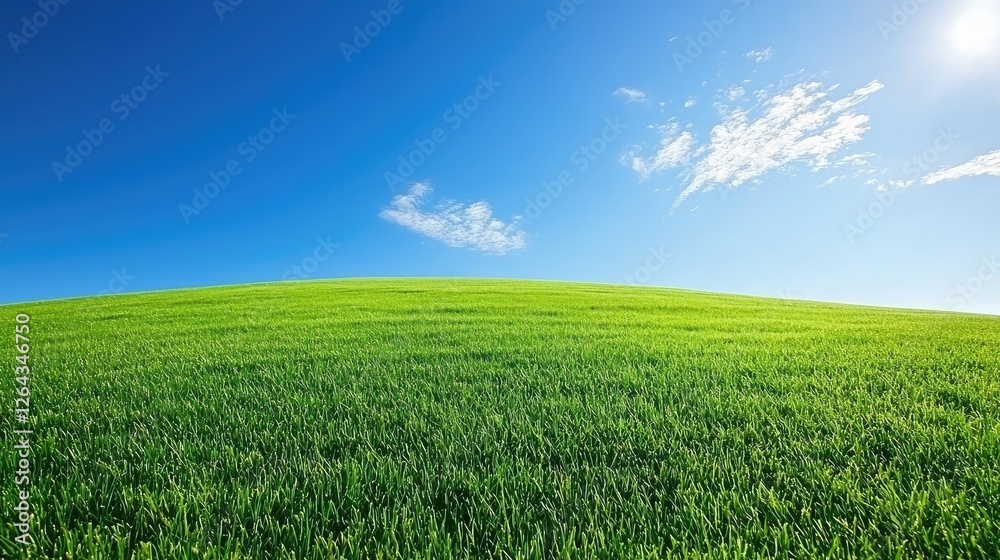 Obraz premium Lush green field under a clear blue sky with wispy clouds, ideal for nature and outdoor themes