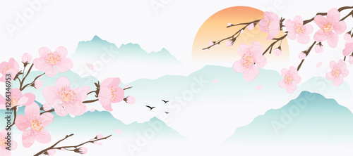 Spring Japanese Cherry blossom flower background vector. Wallpaper design of elegant watercolor sakura flower, branch, mountain, bird, sun. Illustration for banner, wall decoration, backdrop, ads.