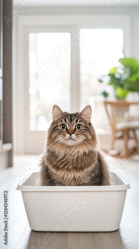 A fluffy cat sits contentedly in a white litter box, surrounded by a bright, modern interior with plants and natural light.