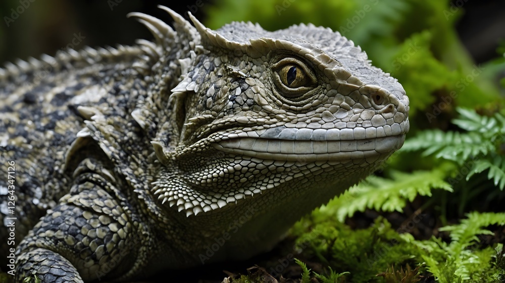 Fototapeta premium Tuatara Close-Up: Scaly Skin and Parietal Eye in a Mossy Habitat
