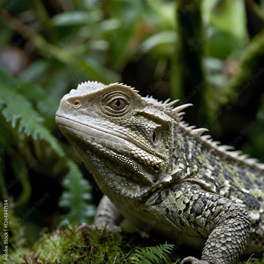 Intricate Details: Tuatara’s Scaly Skin and Parietal Eye in a Lush Mossy Environment Intricate Details: Tuatara’s Scaly Skin and Parietal Eye in a Lush Mossy Environment