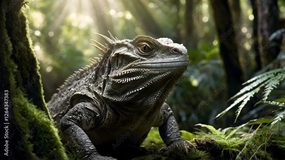 Fototapeta premium Sunlit Journey: Tuatara Moving Through a Vibrant New Zealand Forest with Spiny Crest