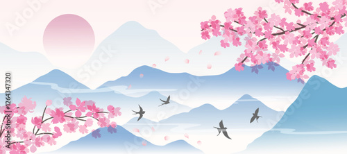 Spring Japanese Cherry blossom flower background vector. Wallpaper design of elegant sakura floral, branch, mountain, sun, bird. Illustration for banner, wall decoration, backdrop, ads.