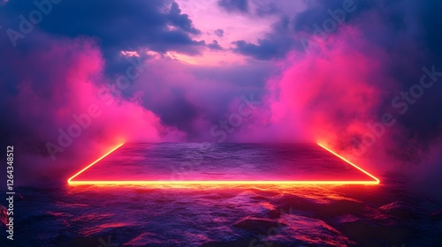 Surreal neon platform on a misty alien landscape at twilight hour