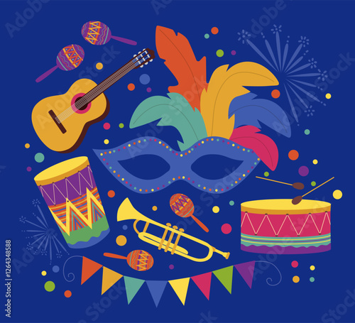Carnival. Carnival mask, feathers, drum, tambourine and fireworks, garland on blue background. Hand drawn vector.