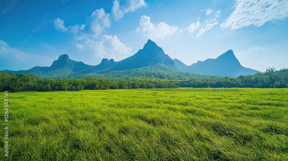 Scenic view of lush green fields with majestic mountains under a clear blue sky Scenic view of lush green fields with majestic mountains under a clear blue sky