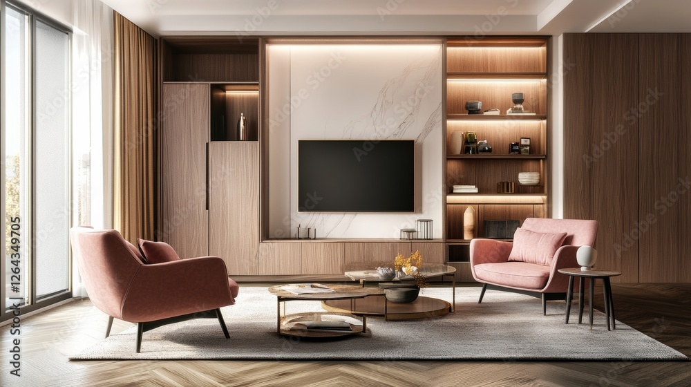 Fototapeta premium Modern interior living room design,cozy home have new pink armchair with white wall mockup with wood cabinet and wood floor parquet