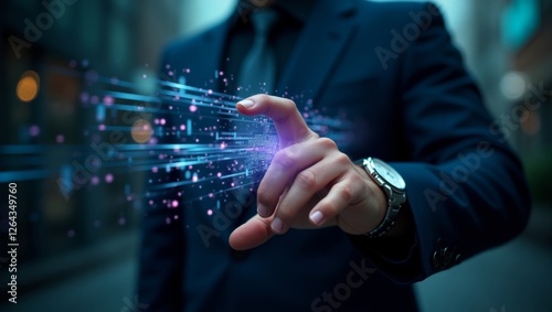  A high-fashion photograph showcasing a sophisticated hand interacting with futuristic data visualization on a transparent screen, generate AI