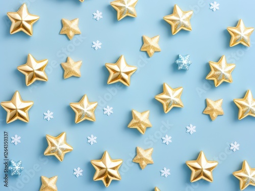Golden Decorative Stars on Light Blue Background. Holiday, Birthday or Christmas Decoration.