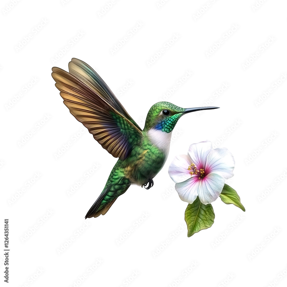Fototapeta premium Vibrant Hummingbird in Flight with White Flower