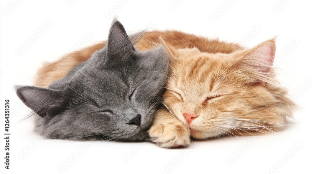 Obraz premium Two Cats Sleeping Peacefully Together on White Background