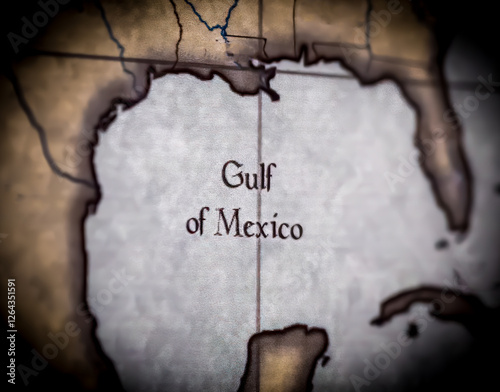 Photos Selective focus on the Gulf of Mexico on a map of North America