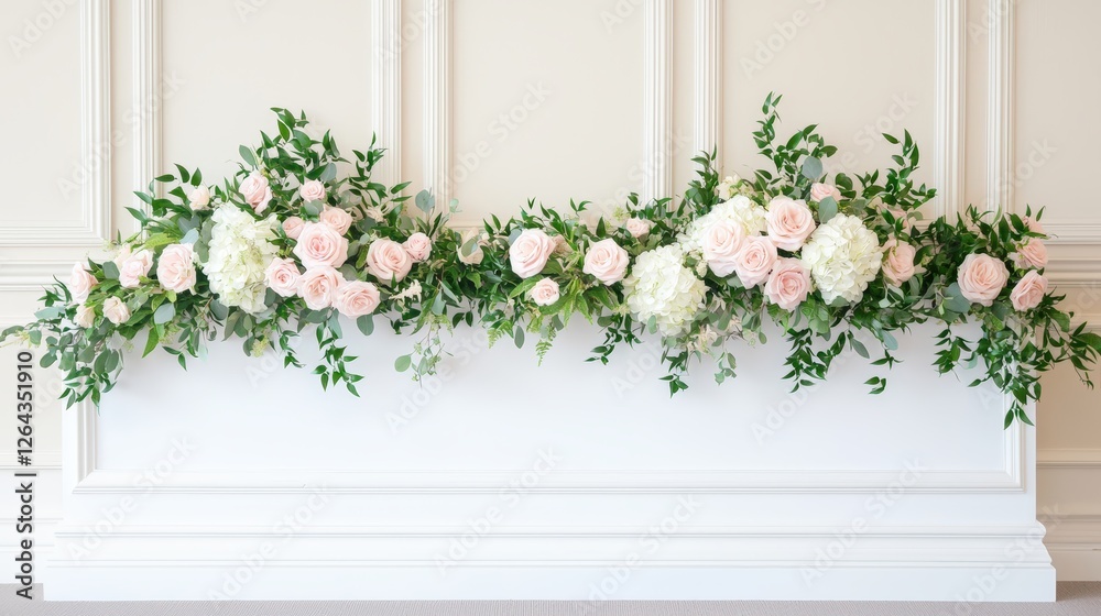 Fototapeta premium A beautiful floral arrangement featuring pink roses and white hydrangeas decorated with lush greenery against a light backdrop.