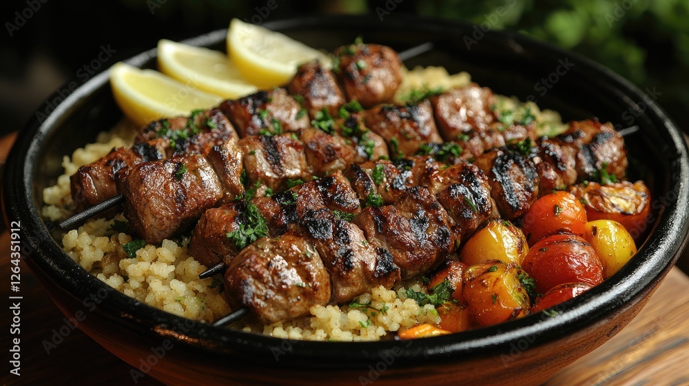 Grilled meat skewers served on a bed of couscous with fresh vegetables and lemon slices Grilled meat skewers served on a bed of couscous with fresh vegetables and lemon slices