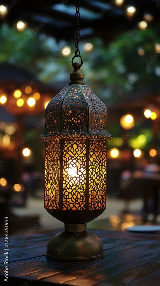 A decorative lantern casting warm light in a cozy outdoor setting. A decorative lantern casting warm light in a cozy outdoor setting.