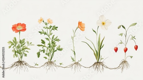 Growth Stages of Various Flowers and Plants with Roots Illustration
