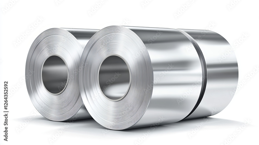 Steel rolls, industrial manufacturing business production, heavy metallurgical industry shiny metal stainless iron or aluminum cylinders isolated on white background, Realistic 3d vector illustration