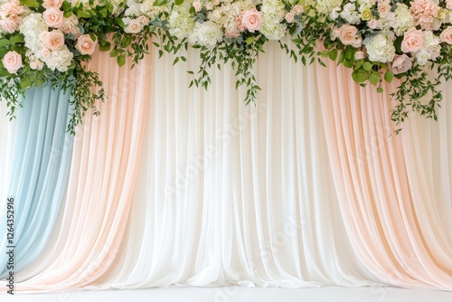 A floral backdrop featuring soft pastel drapes and greenery, perfect for events such as weddings or photo shoots.