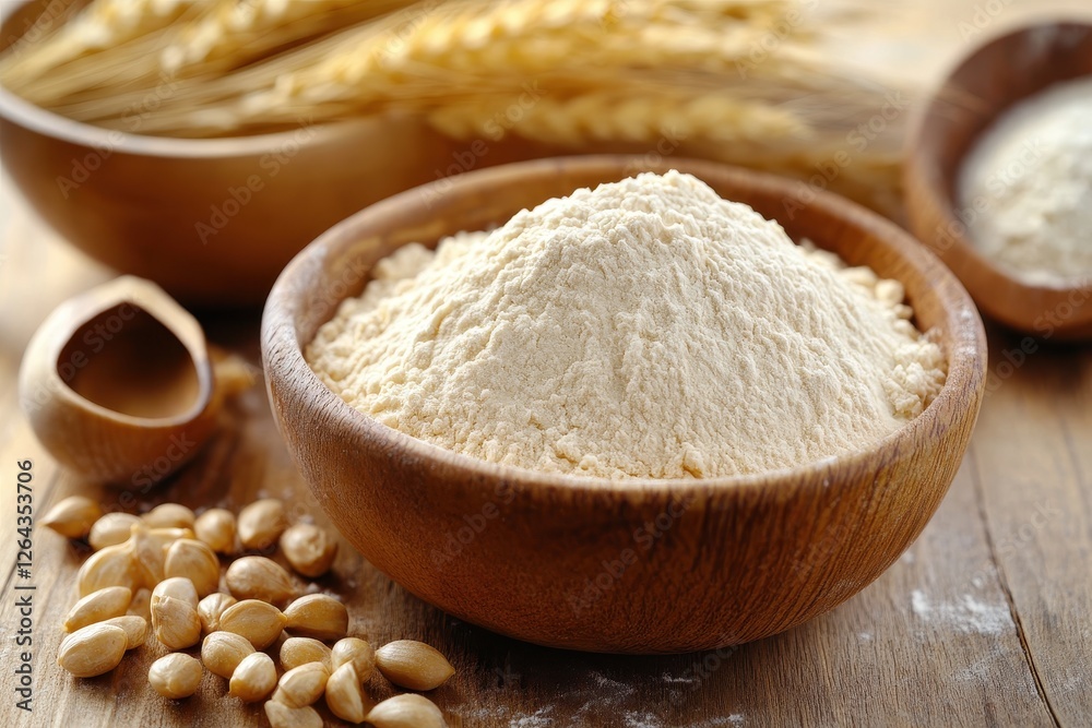A wooden bowl filled with unbleached wheat flour, next to wheat stalks. Perfect for baking, cooking, or food-related projects. A wooden bowl filled with unbleached wheat flour, next to wheat stalks. Perfect for baking, cooking, or food-related projects.