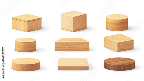 Fototapeta Naklejka Na Ścianę i Meble -  Brown wooden 3d product podium in shape of square and circle. High and small platform with wood texture for natural goods display. Realistic vector mockup of empty pedestal for presentation
