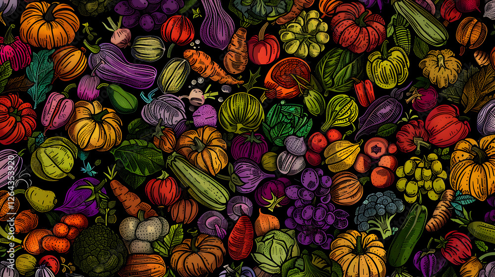 Fototapeta premium Vibrant assortment of fresh vegetables and fruits arranged artistically on a dark background