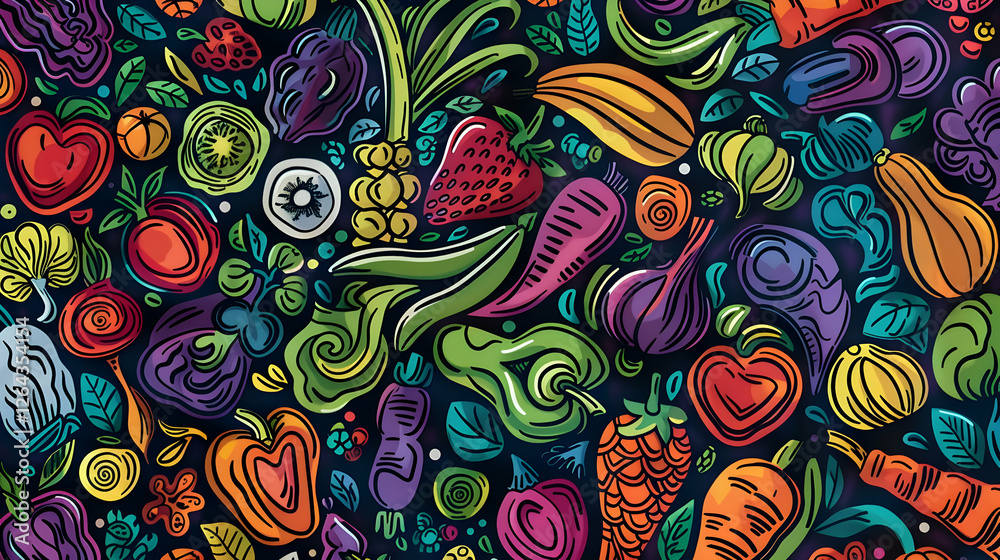 Naklejka premium Colorful illustration of various fruits and vegetables arranged artistically on a dark background