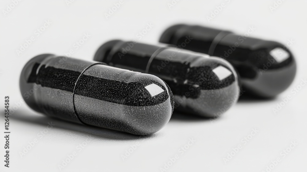 Closeup view of three black dietary supplement capsules with detailed texture on a light background Closeup view of three black dietary supplement capsules with detailed texture on a light background