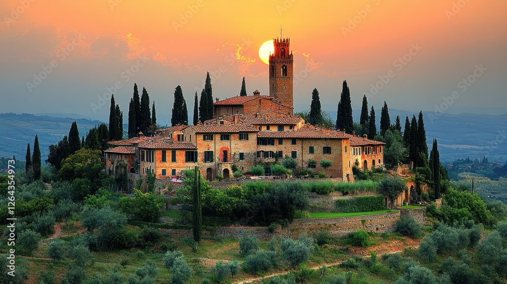 Fototapeta premium Tuscan Sunset: A Picturesque Italian Villa at Golden Hour