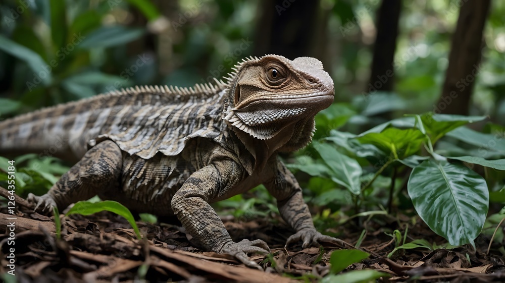 Fototapeta premium Agile Frilled-Neck Lizard Scurrying Through the Dense Forest Floor Surrounded by Foliage