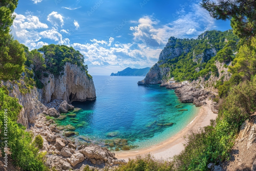 Obraz premium Mediterranean Coastal Cove: Turquoise Waters, Dramatic Cliffs, Sunny Serenity