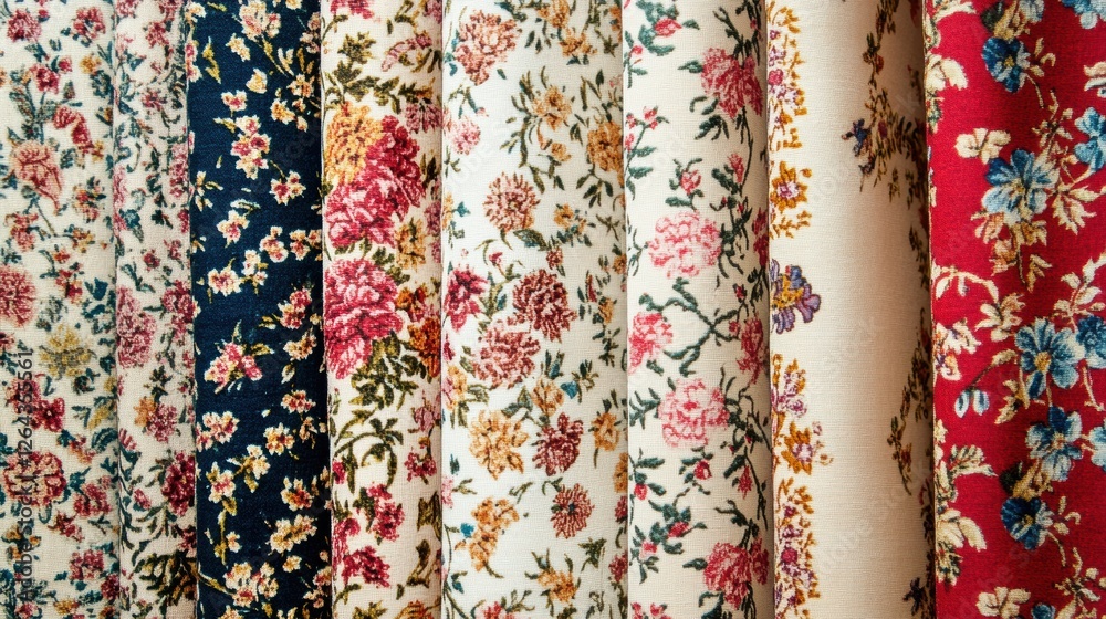 Close up view of patterned fabrics with floral designs and blank space for custom text creation in a vibrant display. Generative AI Close up view of patterned fabrics with floral designs and blank space for custom text creation in a vibrant display. Generative AI