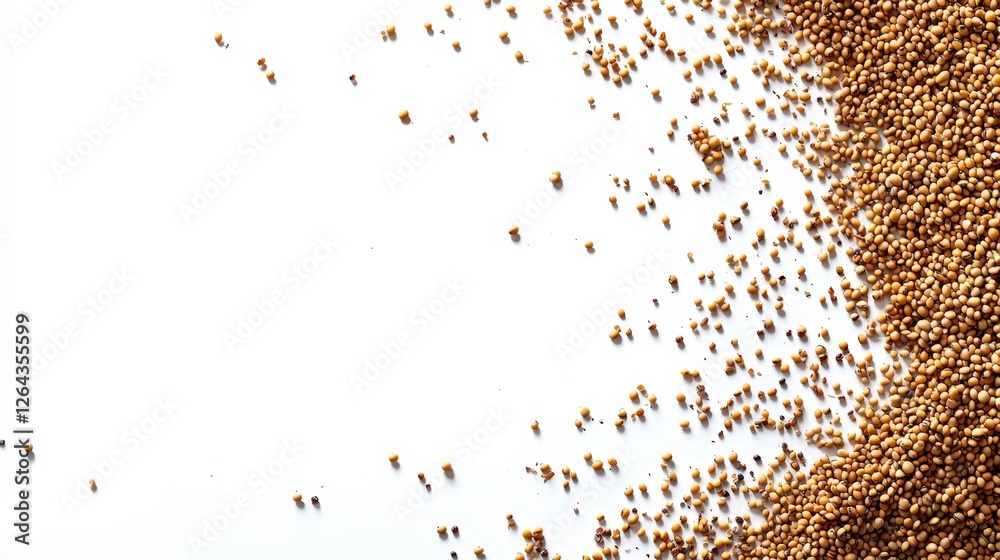 Naklejka premium Raw mustard seeds scattered on a clean white background for culinary and food styling concepts