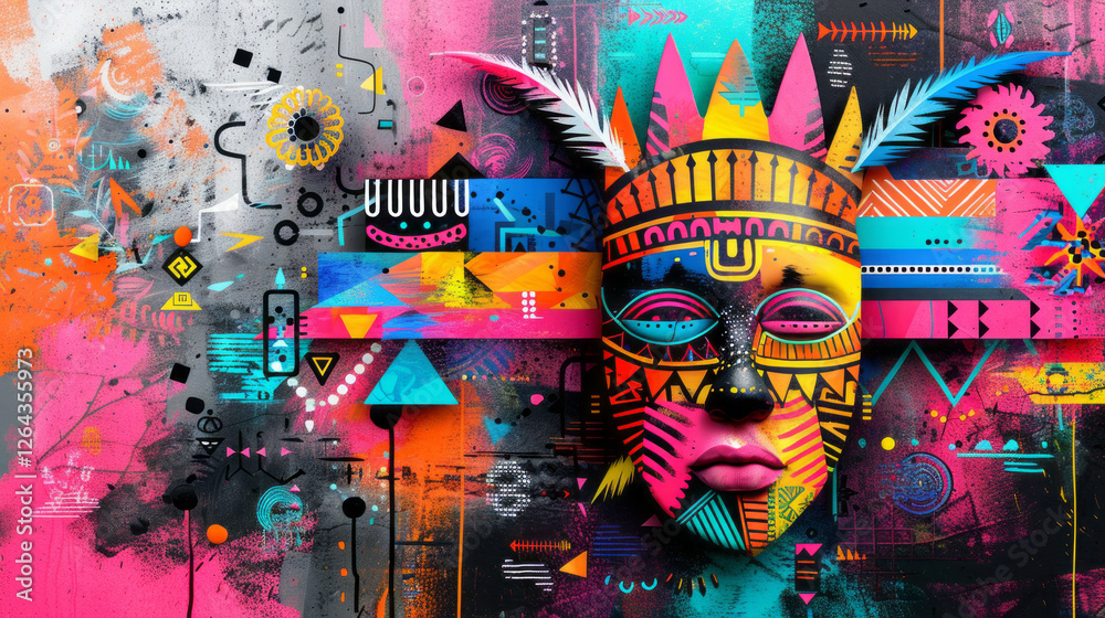 Obraz premium Vibrant Tribal Mask: A digital painting of a striking tribal mask, adorned with vibrant colors, geometric patterns, and bold lines, set against a dynamic abstract background.