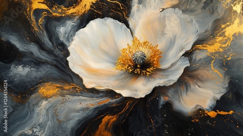 Oil painting artistic image of kind of liquid flower,with fluently shapes and touch of gold,poppy flower,marbling,sand-color integration,pale background,flowing pattern,liquid texture,blend with the b