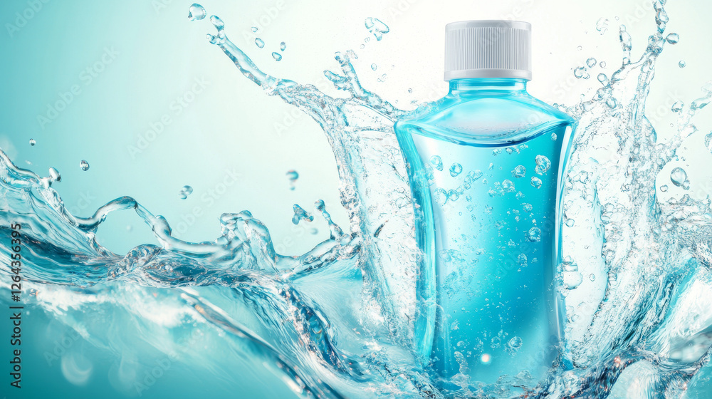 Mouthwash bottle in water splash. Vector realistic brand poster with cosmetic product for dental care, mouth rinse for tooth protection. Promo banner, advertising background Mouthwash bottle in water splash. Vector realistic brand poster with cosmetic product for dental care, mouth rinse for tooth protection. Promo banner, advertising background