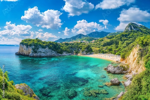 Serene Coastal Cove: Turquoise Waters, Lush Greenery, Sunny Beachscape