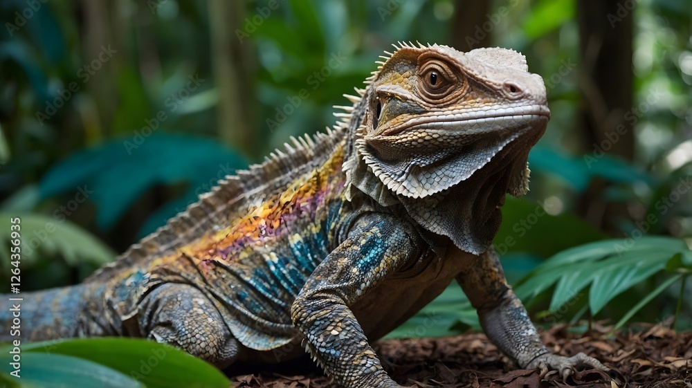 Naklejka premium Majestic Frilled-Neck Lizard in Lush Tropical Glade with Colorful Foliage