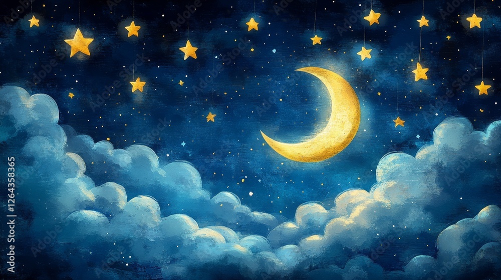 Naklejka premium EnchantedCrescentMoonNightSkyCelestialDreamscapeStarryWonderland