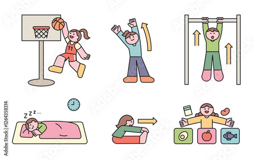 A fun flat vector illustration depicting healthy lifestyle habits for children, including sports, exercise, proper sleep, and balanced nutrition.