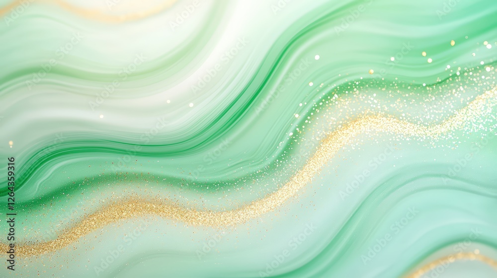 Fototapeta premium A serene abstract design featuring flowing green and white waves with hints of gold, creating a tranquil and elegant atmosphere.