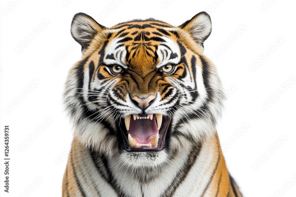 Obraz premium Close-up of a roaring tiger, isolated on white. Perfect for projects needing a powerful, wild image.